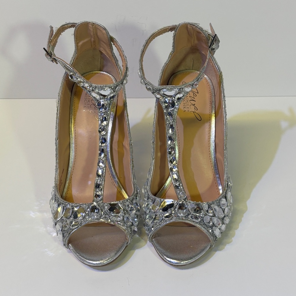 Badgley Mischka - Silver T-Strap High Heels with Crystal Embellishments